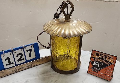 Brass And Amber Glass Lantern 12"H X 7 1/2" Diam