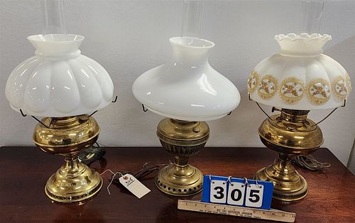 Lot 3 Brass Oil Lamps Elec 