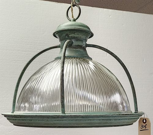 Patinated Brass Hanging Lamp W/ Ribbed Glass Dome 16"H X 18" Diam