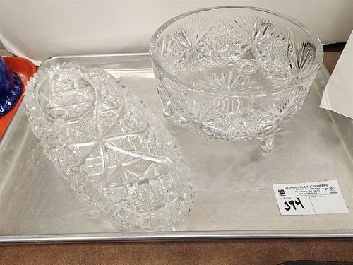 Tray Cut Glass Bowl 4 1/2"H X 8" Diam, Oval bowl 2 1/2"H X 13"L X 5"W