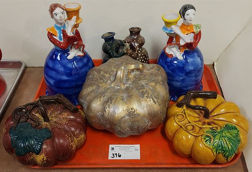 Tray Ceramics- Pr Figural Candlesticks 9", Pr Pottery Pumpkins 4"H X 7" Diam, Double Figural Pitcher
