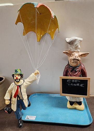 Tray Pig Chef Figure 22" + Paper Mache Big Apple Circus Clown Care Unit 31"