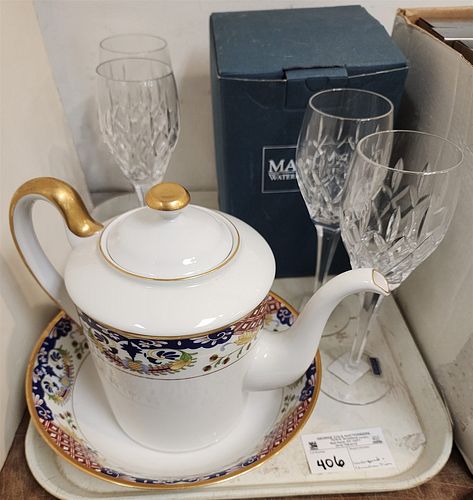 Tray Christian Dio Porcelain Tea Pot 8" + Bowl  2 1/2"H X 9 1/4" Diam + 4 Marquis Waterford Wine Glasses