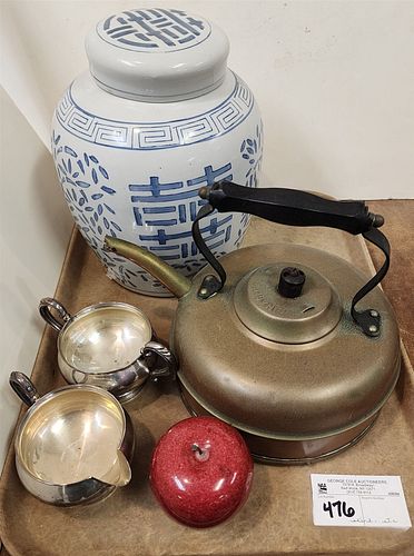 Tray Weighted Sterl Creamer/Sugar, Chinese Ginger Jar, Linaglow Kettle Etc