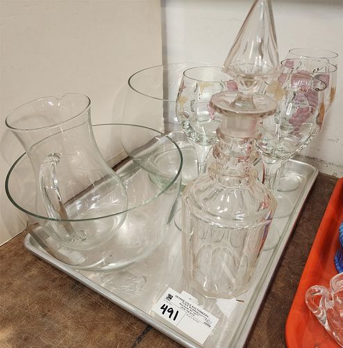 Tray Crystal Decanter, Glass Bowls, Pithcer + 4 Etched Stemware