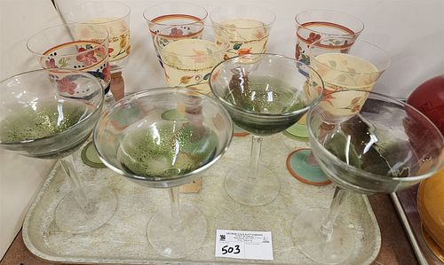 Tray 7 Enameled Stemware, 4 Art Glass Martini Glasses