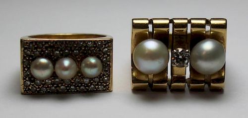 JEWELRY. Two 14kt Gold, Pearl and Diamond Rings.