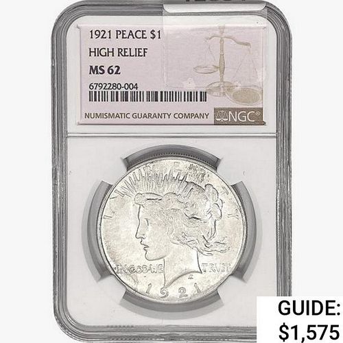 1921 Silver Peace Dollar NGC MS62 High Relief