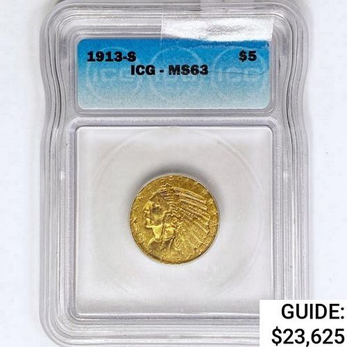 1913-S $5 Gold Half Eagle ICG MS63 