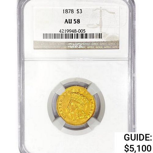 1878 $3 Gold Piece NGC AU58 