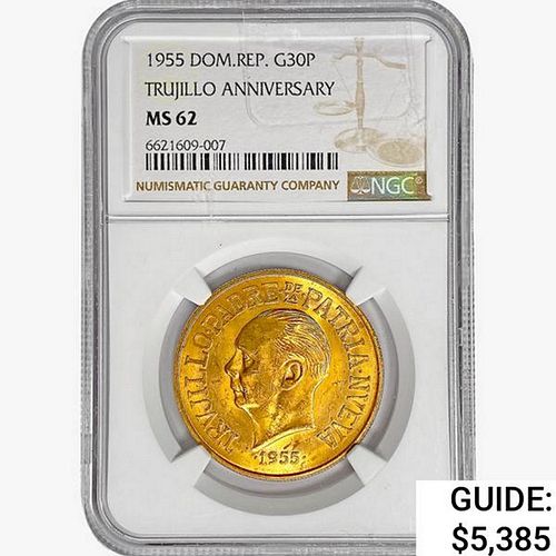 1955 DOM.REP. 30 Pesos .8571oz. Gold NGC MS62 