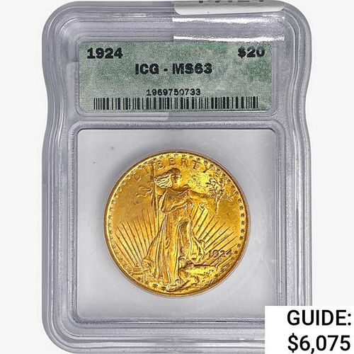 1924 $20 Gold Double Eagle ICG MS63 