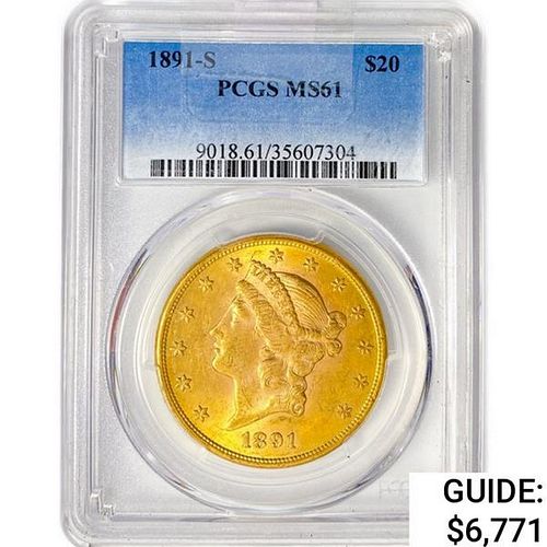 1891-S $20 Gold Double Eagle PCGS MS61 
