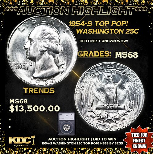 ***Auction Highlight*** 1954-s Washington Quarter TOP POP! 25c Graded ms68 BY SEGS (fc)