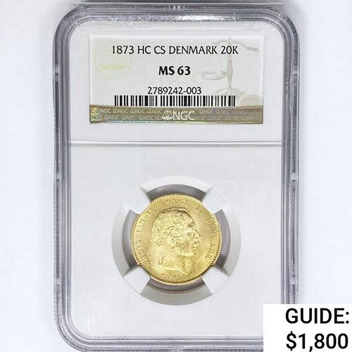 1873 HC CS 20K .26oz Denmark Gold NGC MS63 
