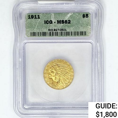 1911 $5 Gold Half Eagle ICG MS62 