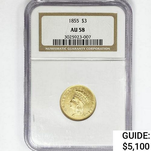 1855 $3 Gold Piece NGC AU58 