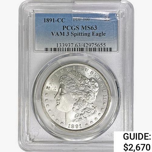 1891-CC Morgan Silver Dollar PCGS MS63 VAM-3 Spit.
