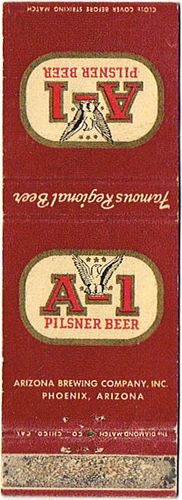 1943 A - 1 Pilsener Beer 113mm AZ - ARIZONA - 5 Matchcover Phoenix Arizona