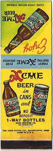 1937 Acme Beer 111mm CA - ACLA - 3 Matchcover Los Angeles California