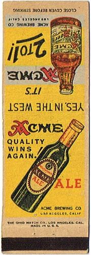 1936 Acme Beer/Ale 111mm CA - ACLA - 1a Matchcover Los Angeles California