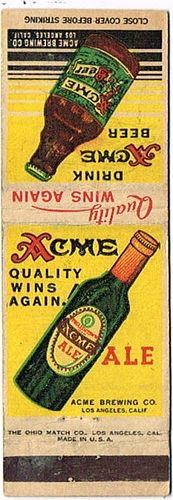 1937 Acme Beer/Ale 111mm CA - ACLA - 2 Matchcover Los Angeles California