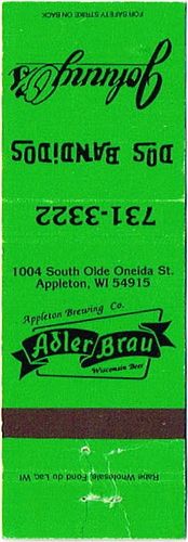 1989 Adler Brau Beer 112mm WI - APP - 1 Matchcover Appleton Wisconsin