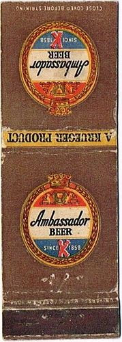 1953 Ambassador Beer 110mm NJ - KRUE - 2 Matchcover Newark New Jersey