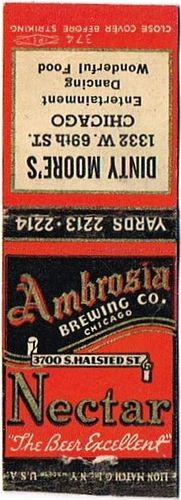 1937 Ambrosia/Nectar Premium Beer IL - AMB - 2 - DINTY2 Matchcover Chicago Illinois