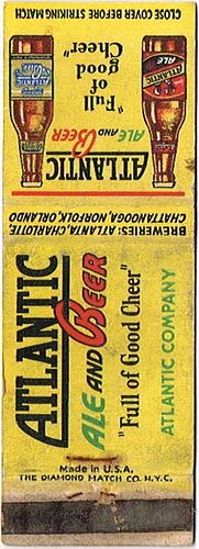 1938 Atlantic Ale & Beer 113mm GA - ATLANTIC - 3 Matchcover Atlanta Georgia