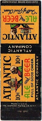 1940 Atlantic Ale & Beer 15¢ 111mm GA - ATLANTIC - 5 Matchcover Atlanta Georgia
