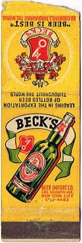 1946 Beck's Beer 118mm GER - BECK - 1 Matchcover Bremen Germany