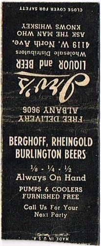1941 Berghoff/Rheingold/Burlington Beer IN - BERG - C - IRV Matchcover Fort Wayne Indiana