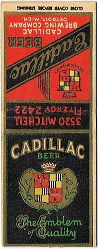 1934 Cadillac Beer MI - CAD - 1 Matchcover Detroit Michigan