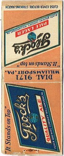 1937 Flock's Quality Ale/Pale Lager Beer 113mm PA - FLOCK - 3 Matchcover Williamsport Pennsylvania