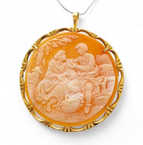 Gentile 18K Gold And Cameo Brooch/pendant, Courting Scene Ca. 1900, Dia. 1.6" 12g