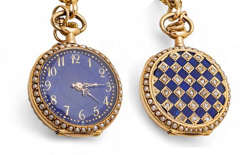 Swiss Blue Enamel 14K & Diamond Open Face Pocket Watch & Chain Ca. 1900, 24g