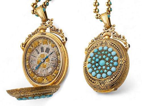 Geneva "Remontoir" Pocket Watch #488, 9 K with Persian Turquoise, on Chain with Turquoise Beads