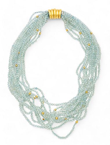 18Kt Yellow Gold Aquamarine Beads,12 Strand Necklace W 5/8" L 16" T.W. 71 Gr