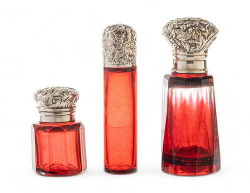 Birmingham Ruby Crystal, Silver Caps Scent Bottles Ca. 1900, 2.7", 2.7", 1.5" 3 pcs