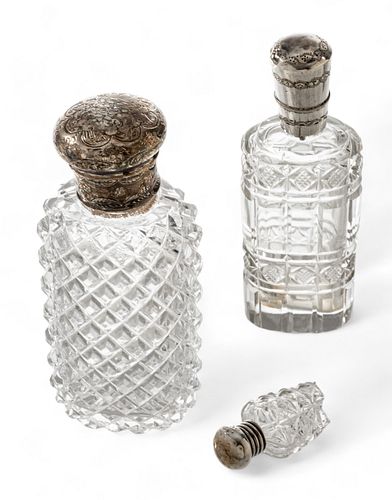London Clear Cut Crystal Perfume Vials, Silver Caps Ca. 1900, 3.5", 3.5", 2" 3 pcs