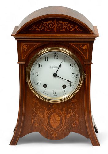 Seth Thomas (American) Mahogany Mantel Chime Clock, Satinwood Inlay, Ca. 1930, H 14" W 9" Depth 5"