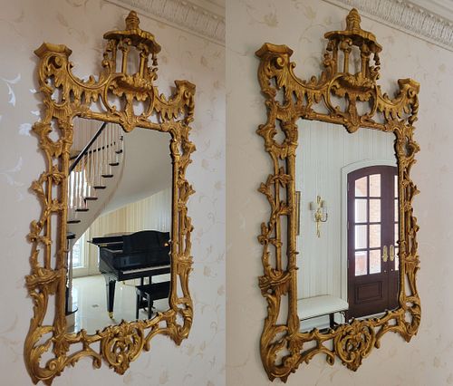 Chinese Chippendale Style Carved And Gilded Mirrors Ca. 20th C., H 32" W 14" 1 Pair