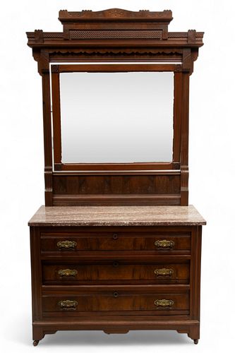 Eastlake Movement Walnut And Marble Top Chest And Mirror Ca. 1890, H 86" W 40" Depth 18"