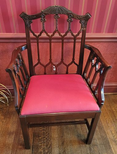Baker Furniture, Chinese Chippendale Style Mahogany Armchairs Ca. 1990, H 40" W 27.5" Depth 22" 1 Pair