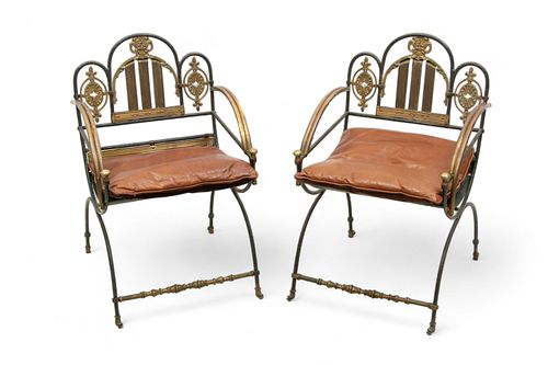 Style of Oscar Bruno Bach (American) Iron And Brass Arm Chairs, Ca. 1920, H 35" W 22" Depth 19"