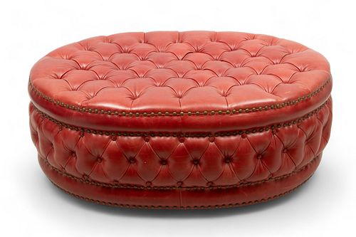 Contemporary Tufted Red Leather Ottoman, Ca. 2000, H 19" W 35" L 52"
