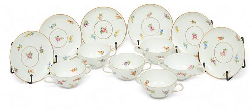 Dresden (German) Painted Porcelain Teacups & Saucers, Ambrosius Lamm Mark, Ca. 1900, H 2" W 3.75" L 5.5" 12 pcs