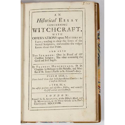 [Witchcraft - Religion - Literature] John Greenleaf Whittier's Copy of Hutchinson, Essay Concerning Witchcraft, 1718 with  Wh
