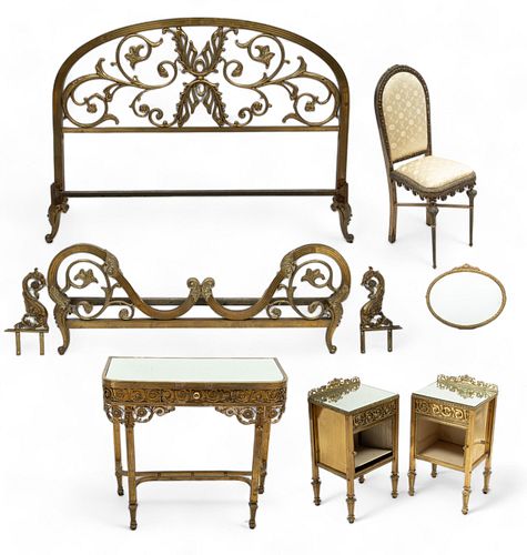 French Brass Bedroom Set: Chair, Mirror, Vanity, Night Stands, Bed with Headboard & Footboard, Ca. 1900, 7 pcs